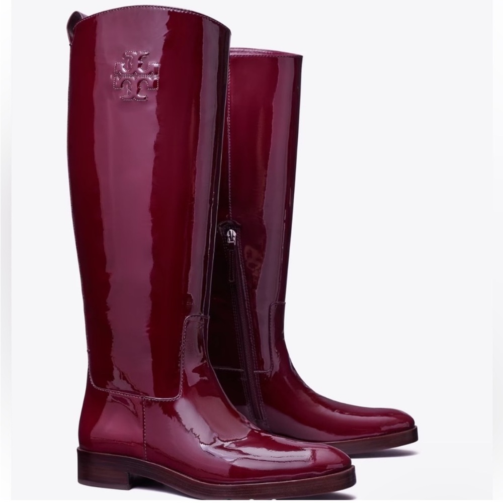 Tory Burch Patent Riding Boots Ruby Burgundy Logo Embossed Knee High
